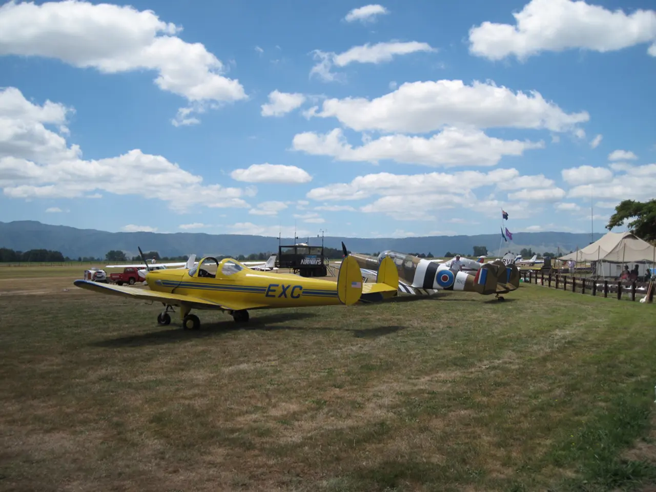In this image there are airplanes and vehicles on the grass, there are tents, flags with the poles,...