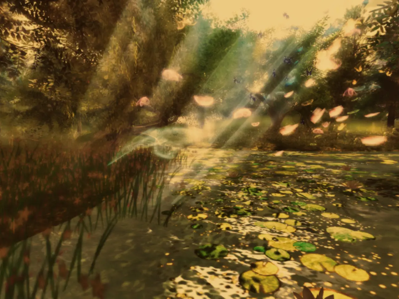 In this picture we can see an edited image of the pond water in the front. Behind we can see some...