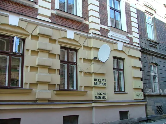 In the image there are buildings with brick walls, glass windows and on the walls there is...