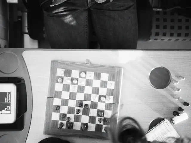 In this image I can see a chess board and few objects on the table. I can see a person sitting on...