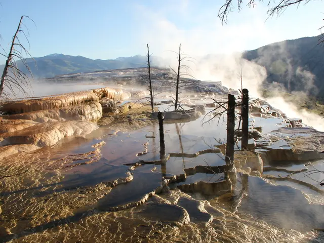 In the foreground of this image, there is a water on the stone land. We can also see rocks, few...