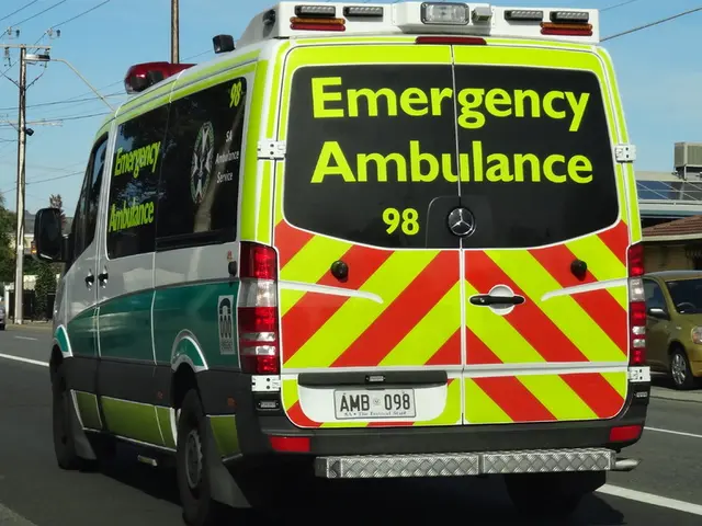 Vehicles are on the road. Background there are trees, solar panel, current poles with cables and...