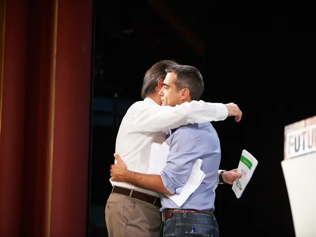 Here in this picture we can see two men hugging with each other and both of them are carrying...