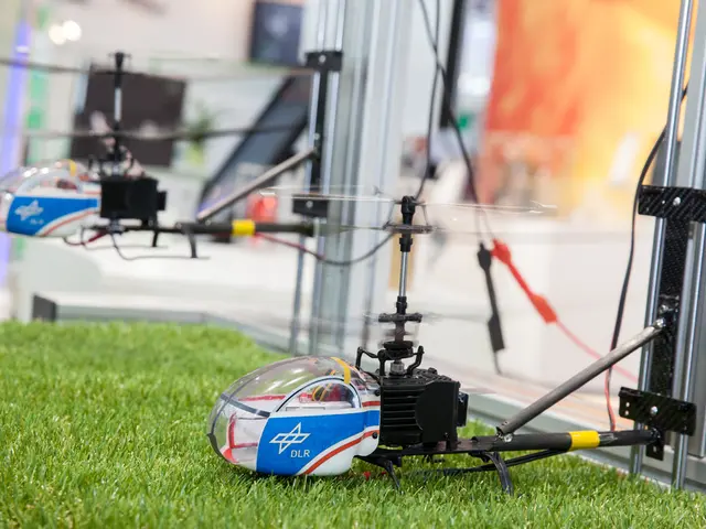 In this picture, we can see there are two toy helicopter and behind the toys there is a glass and...