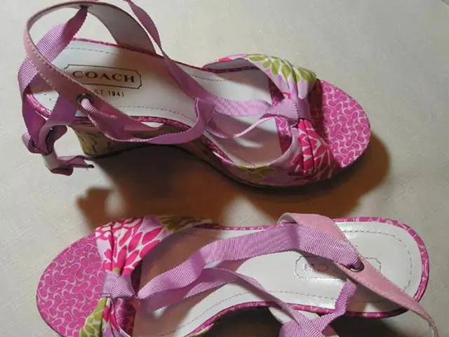 In this image I can see a pink and white colour footwear. I can also see something is written on...