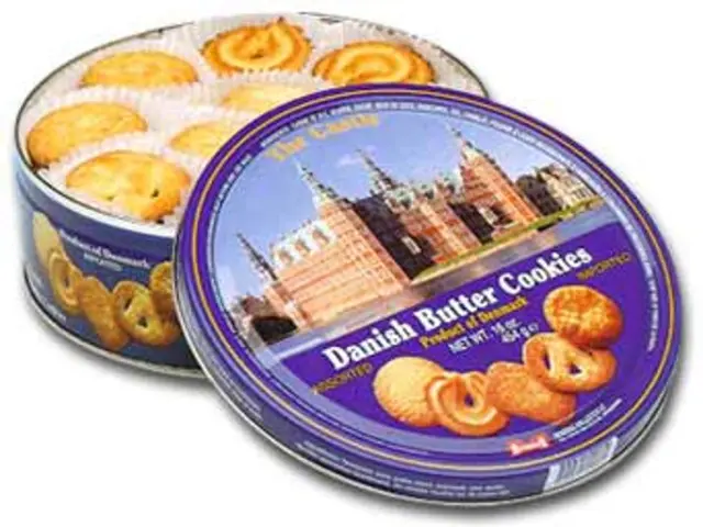In this image I can see a box full of cookies. To the cap of the box there is some text and design...