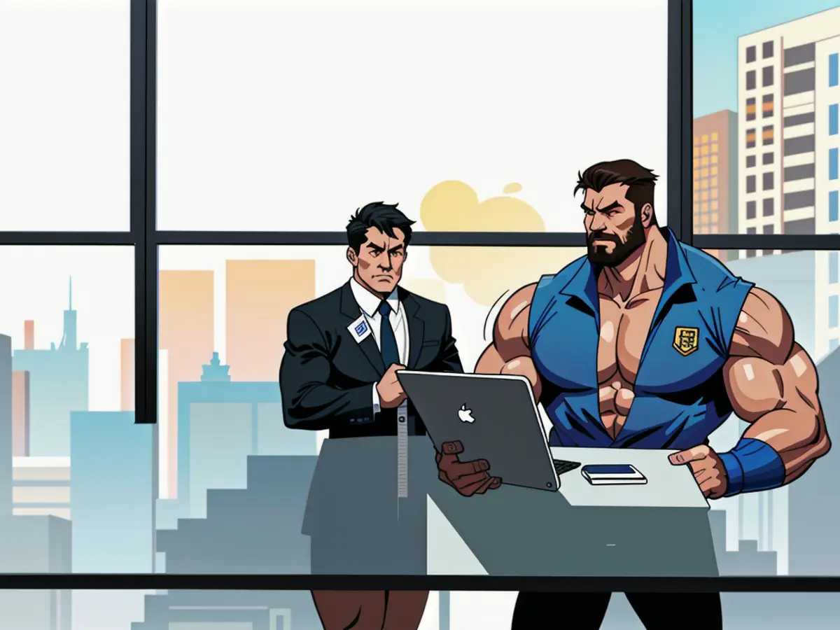 Professional setting, collaboration between an individual using a laptop and a colleague, likely in...